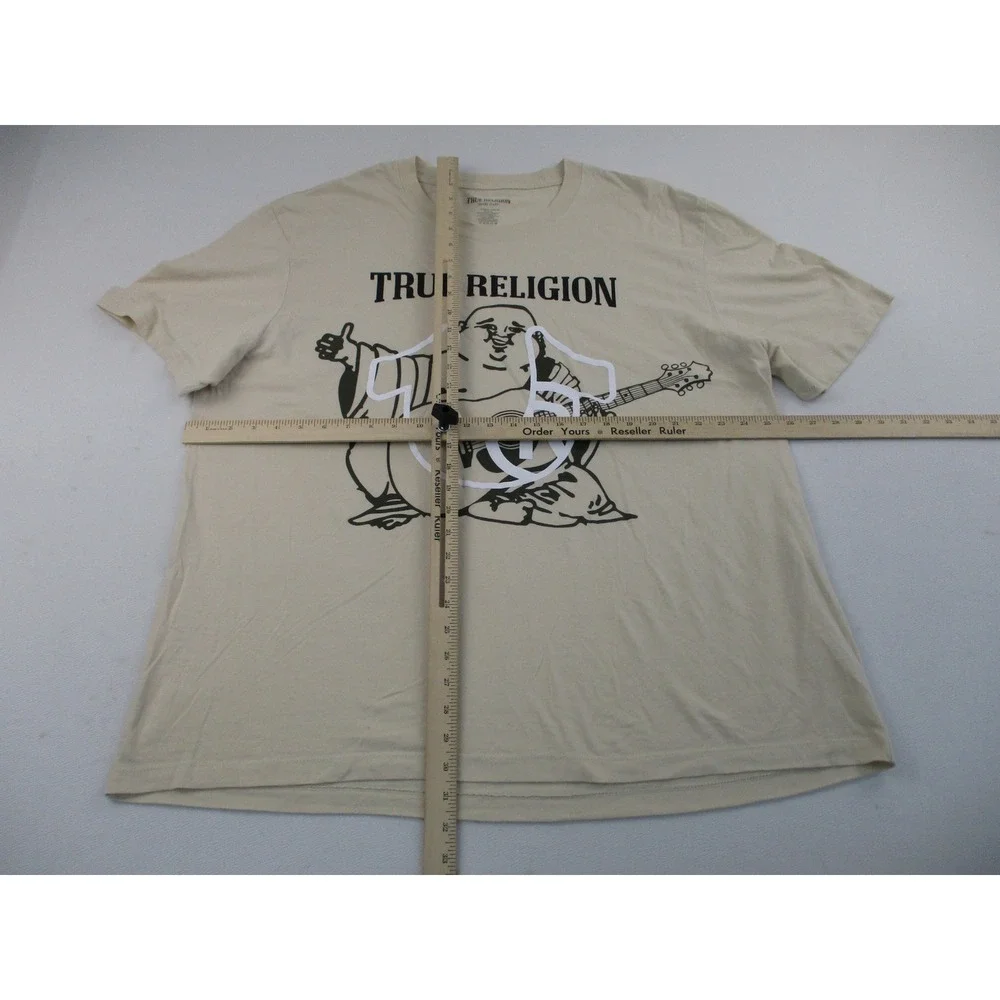 True Religion T-Shirt Mens 3XL Beige Buddha Guitar Horseshoe Graphic 70105BRT